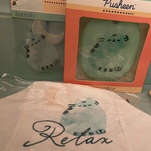 Exclusive Pusheen Merch Bundle - Tissue Box Cover, Compact Mirror, 2 Bookmarks